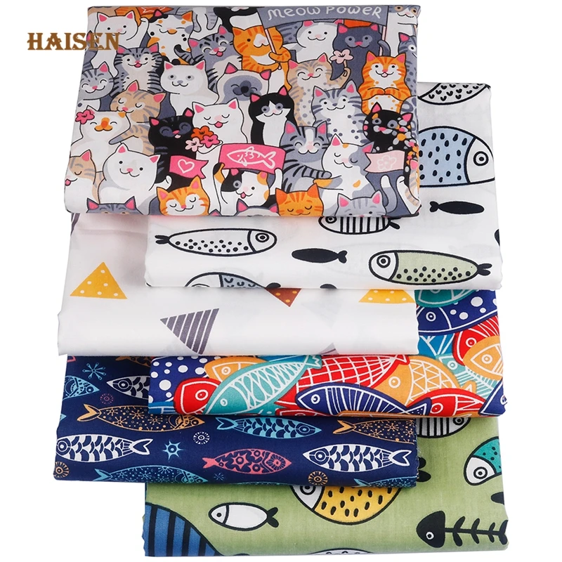 Haisen,Cartoon Kitten Eats Fish Printed Cotton Fabric Twill Cloth,DIY Sewing Quilting Sheet Home Textiles Material ForBaby&Child