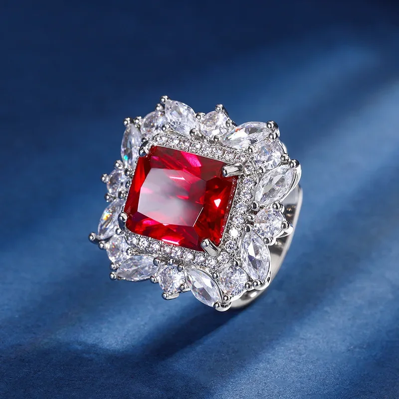 S925 Silver Plated 18K Gold Plated PT950 Platinum Red Corundum Retro Square Set Female Main Stone 10*12 Jewelry