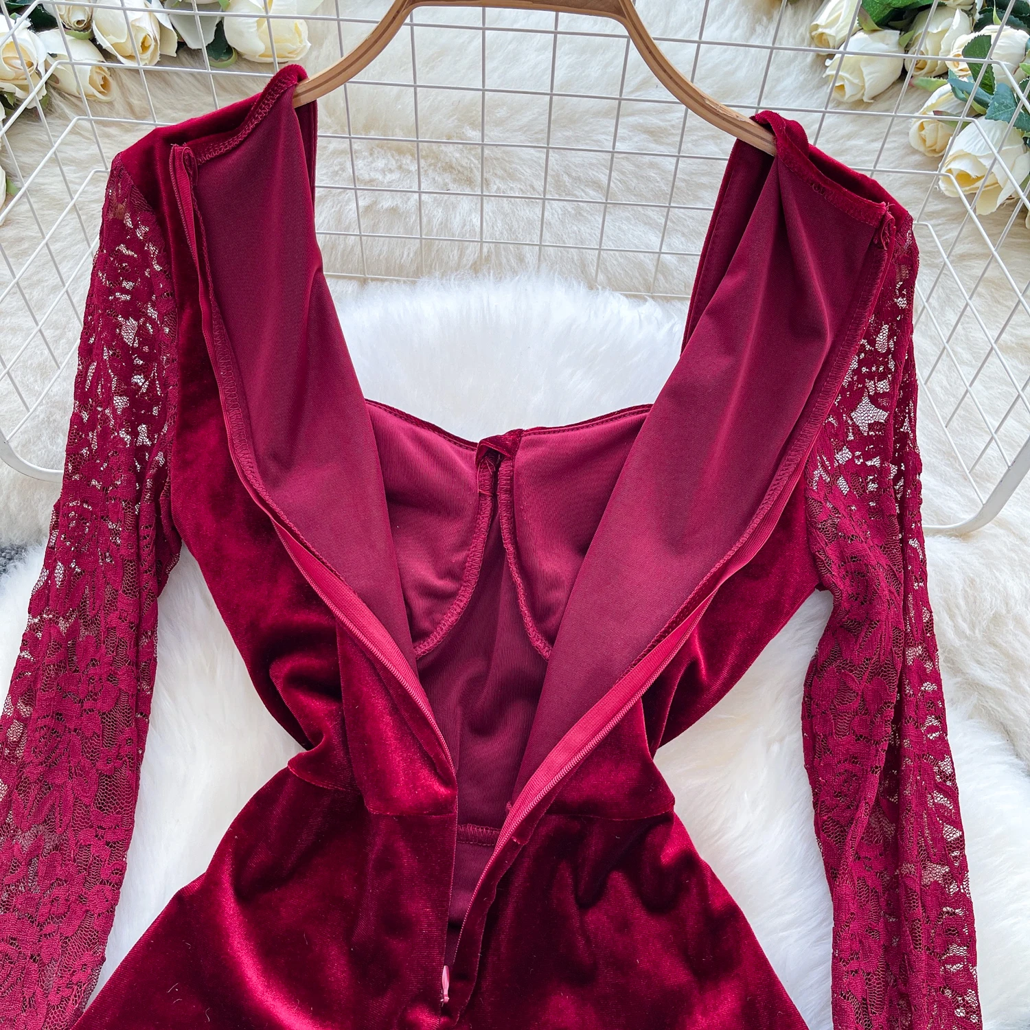 Chic sexy terciopelo cuello cuadrado manga larga vestido fruncido Hada otoño Vestidos ropa de mujer Vestidos de ceremonia