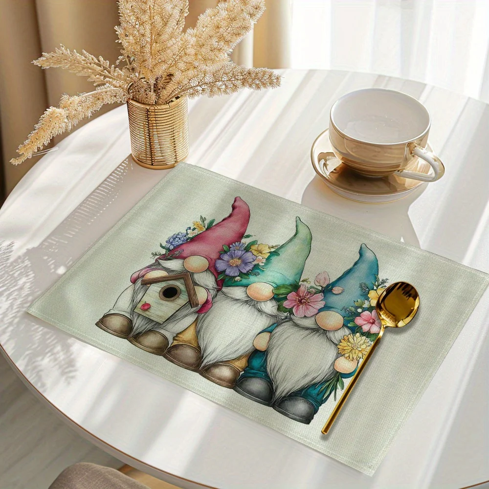 Of 8/4/6 Placemats Featuring a 2D Design of Garden Gnomes And Birdhouses, Made from Durable Material That Is Machine Washable