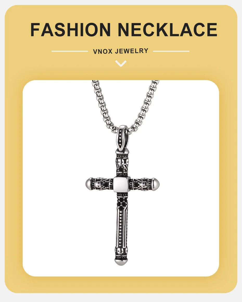 Vnox Vintage Gothic Kreuz-Anhänger-Halskette für Herren, Edelstahl, schwarze Zirkon-Kastenkette, Punk, religiöses Amulett, Schmuck, Geschenk – Detail 1