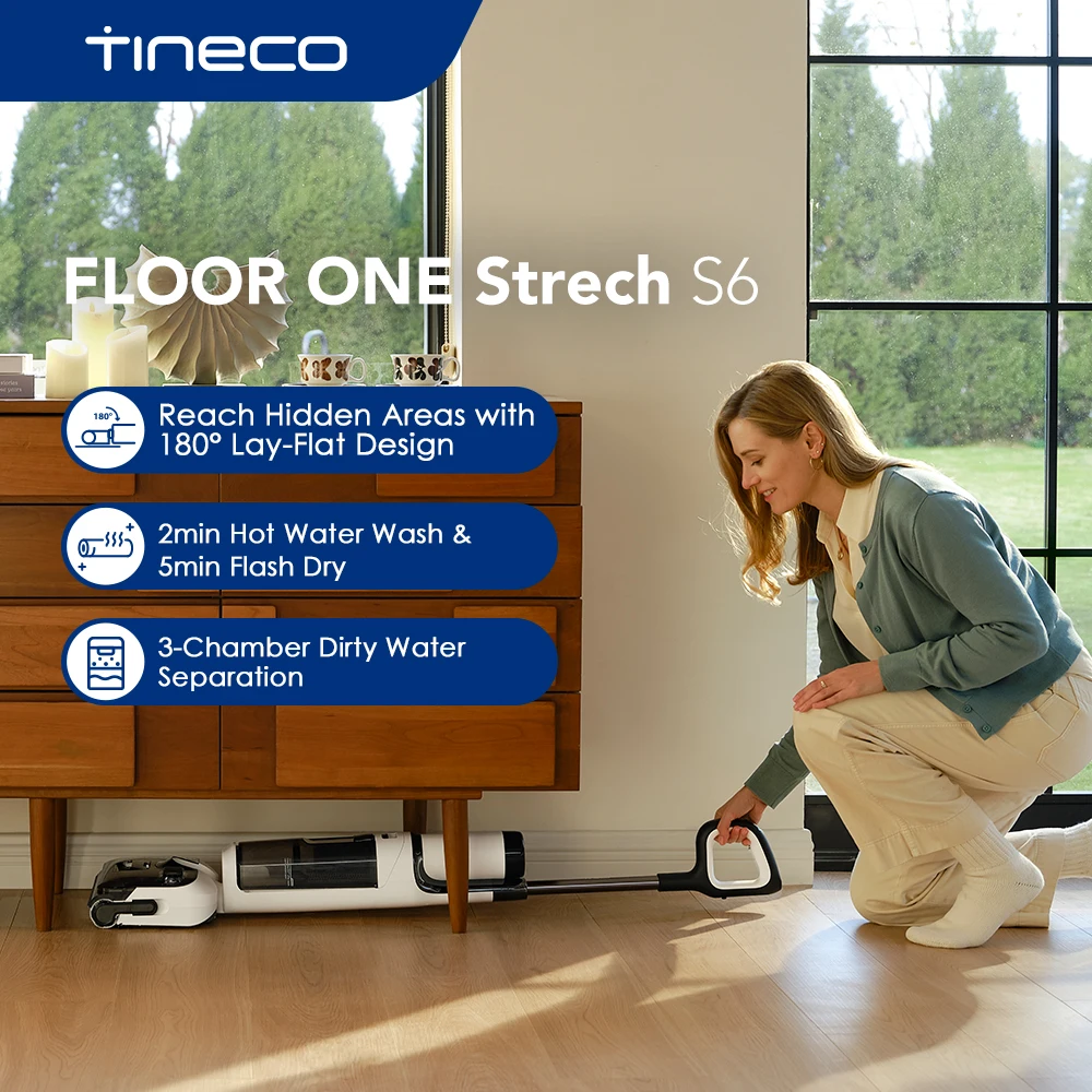 Tineco Floor One Stretch S6 Cordless Wet Dry Vacuum Cleaner 180°Lay-Flat Smart Mop Long Runtime 158℉ Flashdry Triple-Sided Edge