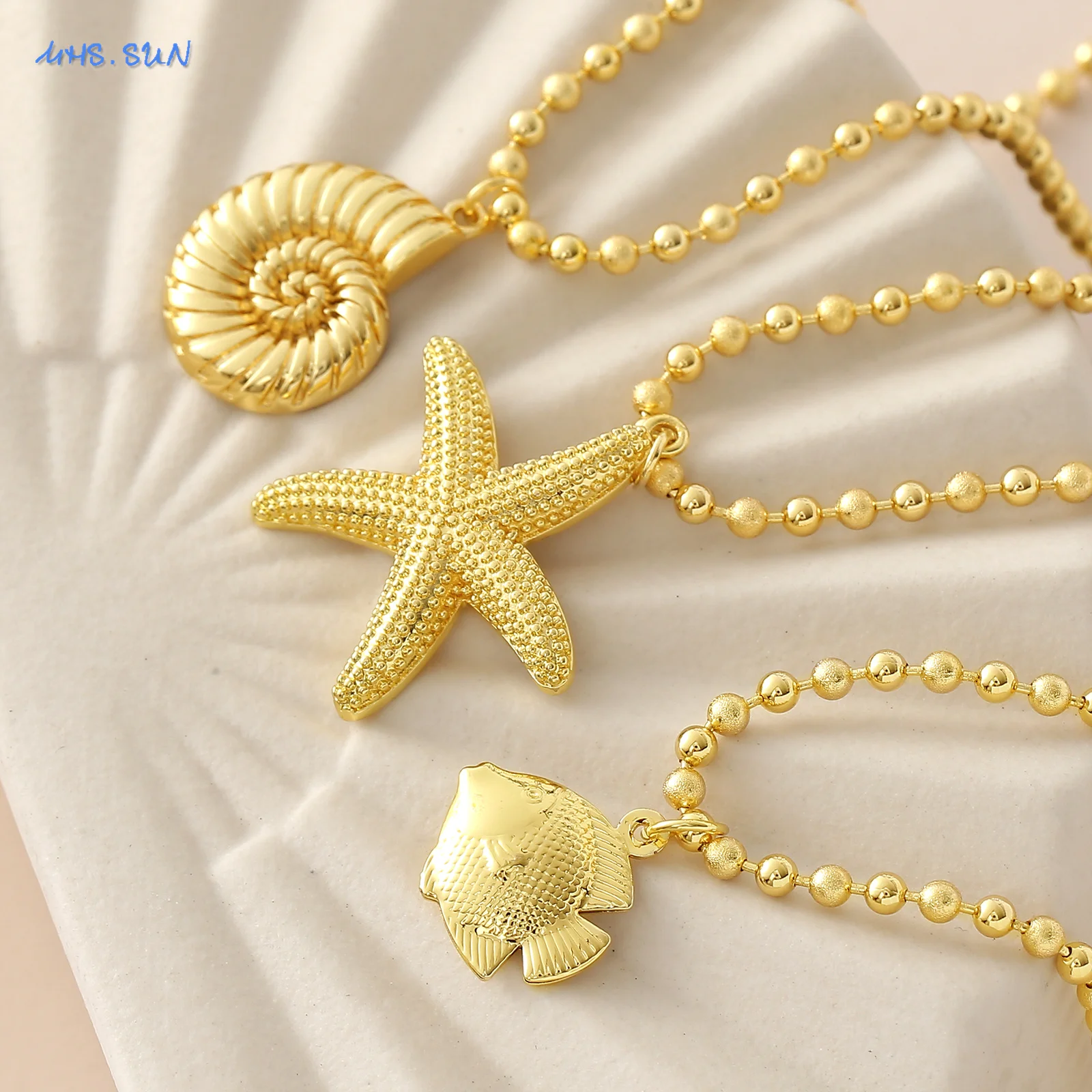 MHS.SUN الكلاسيكية نجم البحر/محارة/الأسماك قلادة القلائد بسيطة مطلية بالذهب مطرز سلسلة مجوهرات هدايا الصيف للرجال النساء