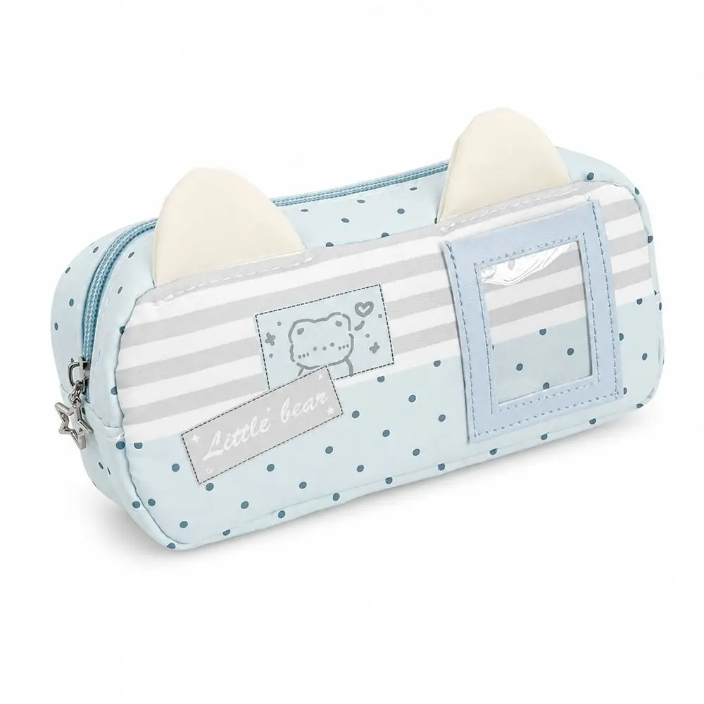 Cute Cat Ear Design Pencil Case Multi-Layer Bear Print Pencil Pouch with Transparent Window Stationery Bag Students