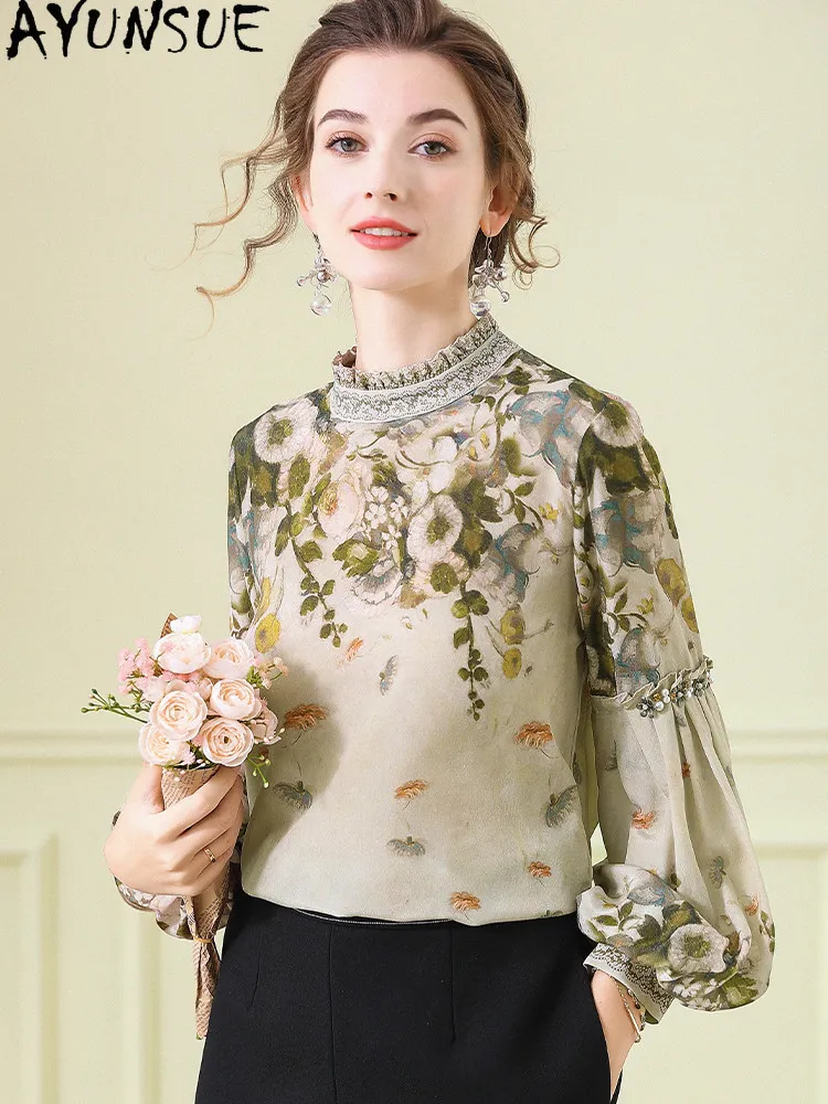 AYUNSUE 100% Mulberry Silk Shirts for Women 2026 Spring Autumn New Arrive Fashionable Printed Lantern Sleeve Top Ropa Para Mujer