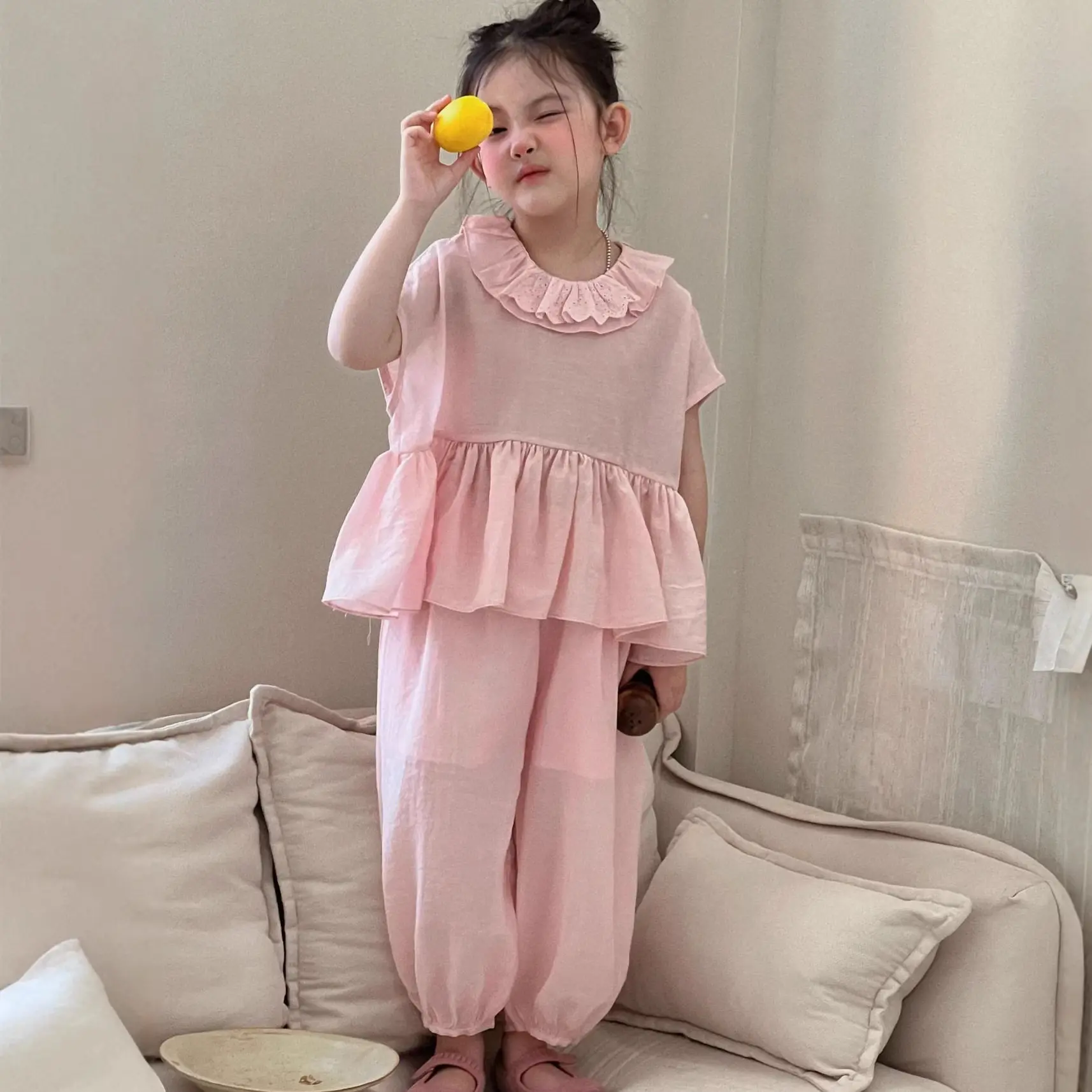 2026 Summer Baby Girls Stylish Oversized Drop Shoulder Ruffled Shirt Top+Pant Set Kids 2PCS Tracksuit Children Vacation Outfit