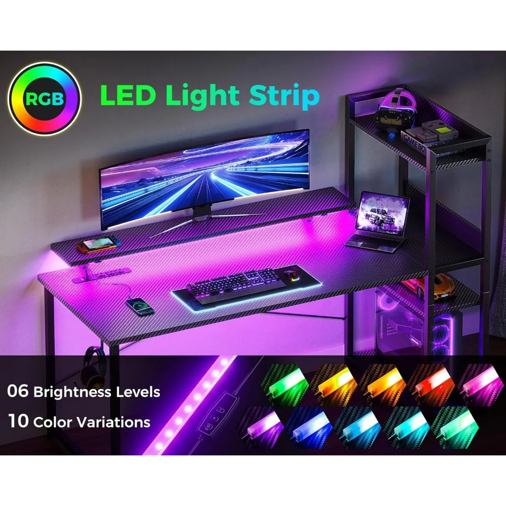Reversible Gaming Desk with USB Charging Port and LED Lights, 40 Inch Computer Desk with Storage Shelves & Monitor Stand,