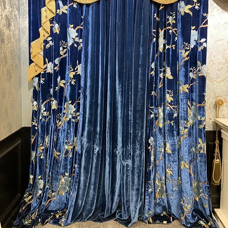 New Royal Blue Velvet Bird Embroidery Thick Shading Curtains For Living Room Bedroom Villa Flocking Embroidery Yarn Valance