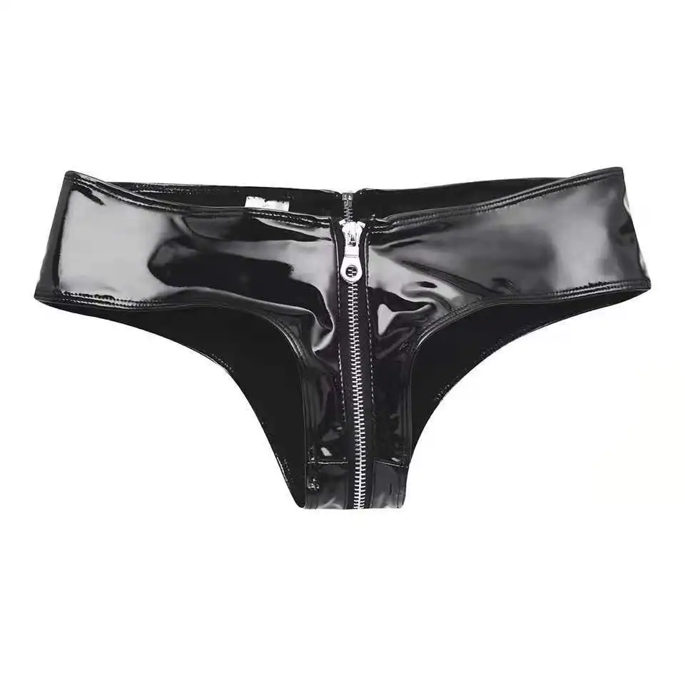 Red Pink Sexy Women's Zipper Crotch Flashing PVC Leather Shorts Underwear Shining Stringi Black New Panties