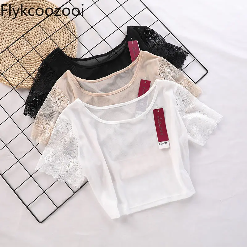 Women's Summer White Short-sleeved T-shirt Tulle Transparent Tight Lace Top High Strecth Women Clothing Slim Fit Crop Top