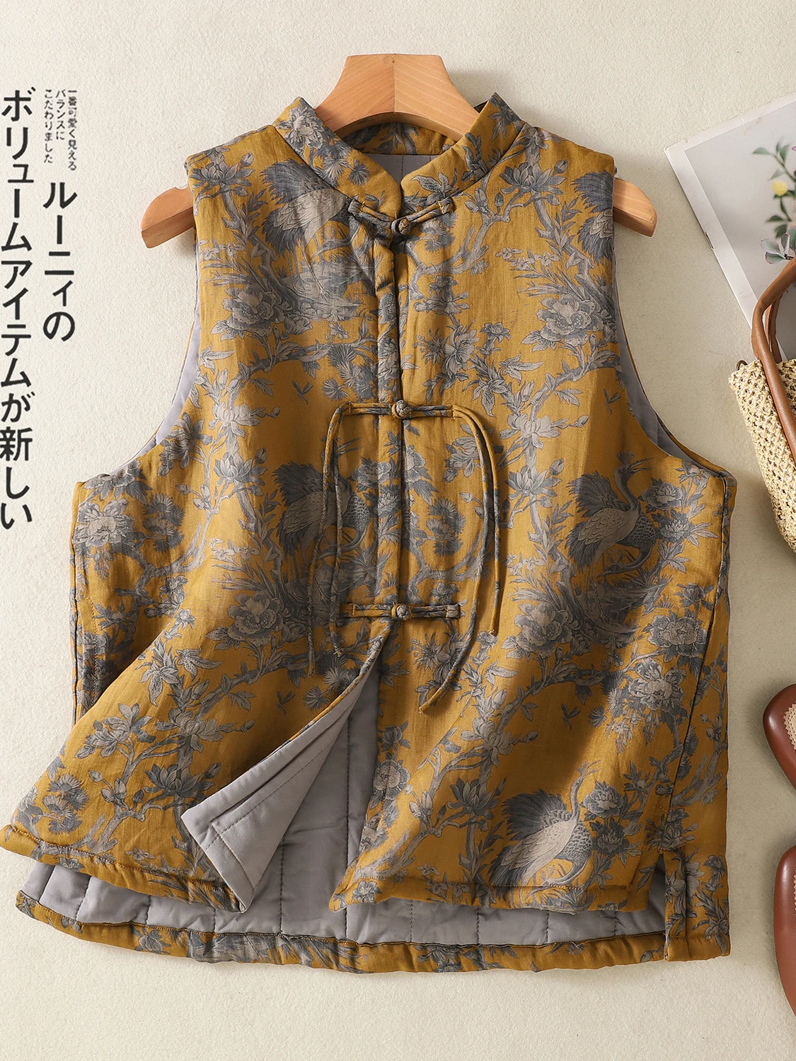 

Autumn Winter Thiened Flax Svel Vest Women's Chinese Sle Vintage Stand Collar Buttoned Printed Warm Bal Top