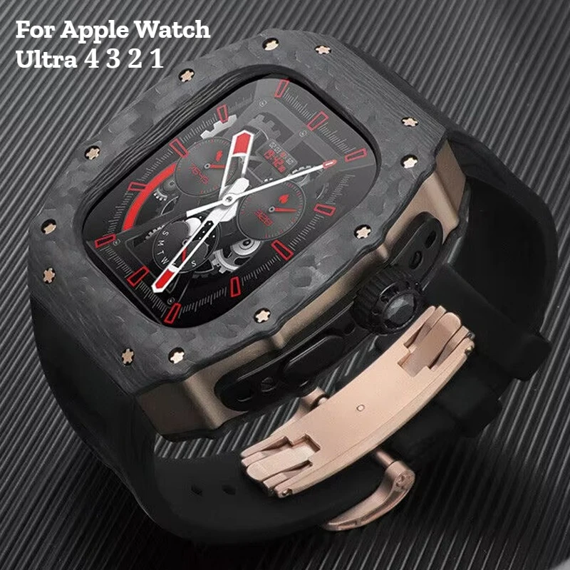 Carbon Fiber Titanium Metal Case Luxury Modification Kit Rubber Strap Compatible for Apple Watch Ultra 4 3 2 1 49mm Accessories