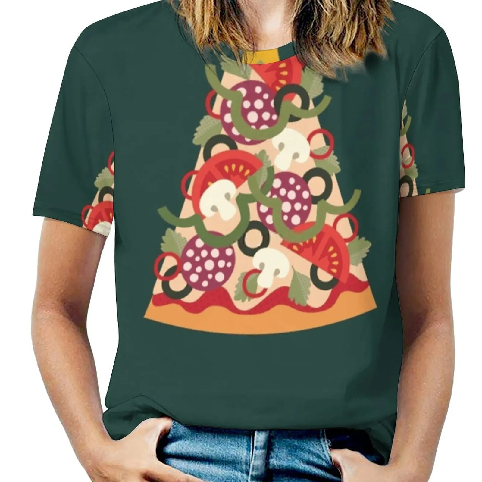 Pizza On Earth-Pepperoni Fashion Print Women Ladies Girls T-Shirt Harajuku Round Neck Short Sleeve Tops & Tees Pizza Slice