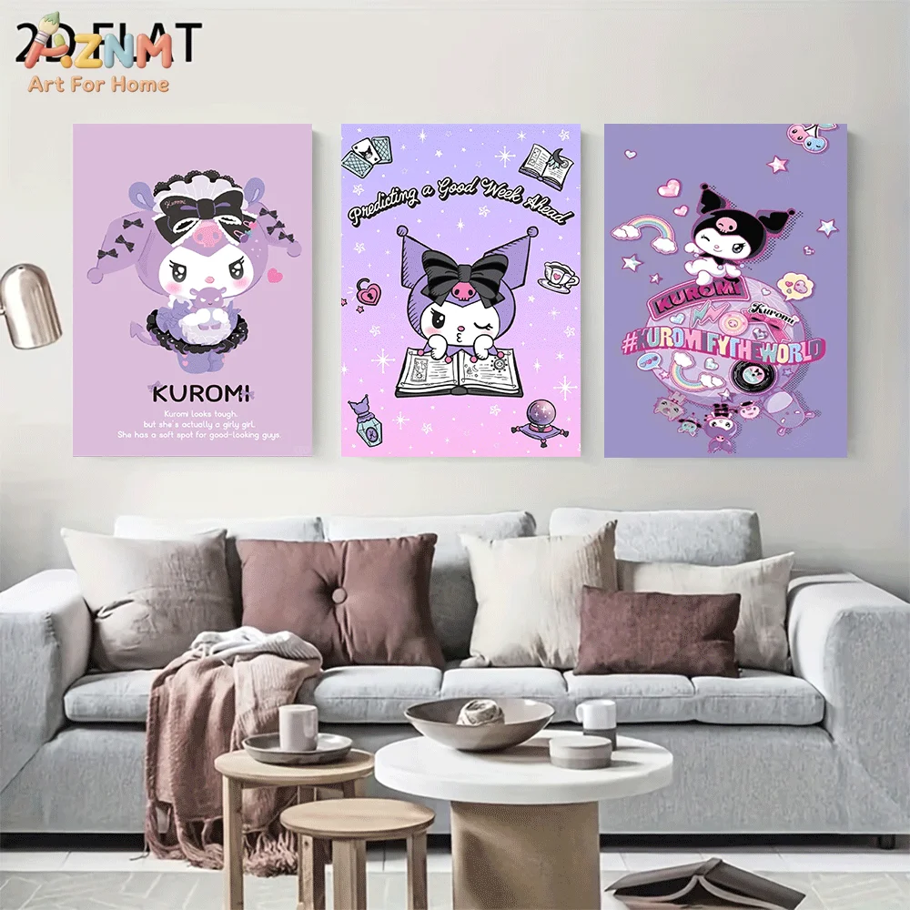 AZNM Kuromi Frameless Canvas Wall Art, Purple Magic Fortune Cartoon Poster, Kawaii 2D Flat Print for Home Bedroom Decor Painting