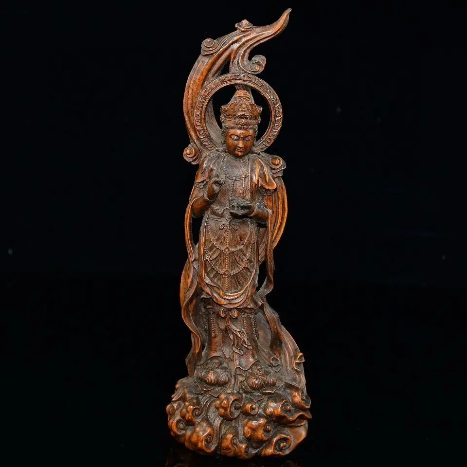 Hand Carved Wood Flame guanyin Statue Figurine Desktop Ornaments Home Decoration