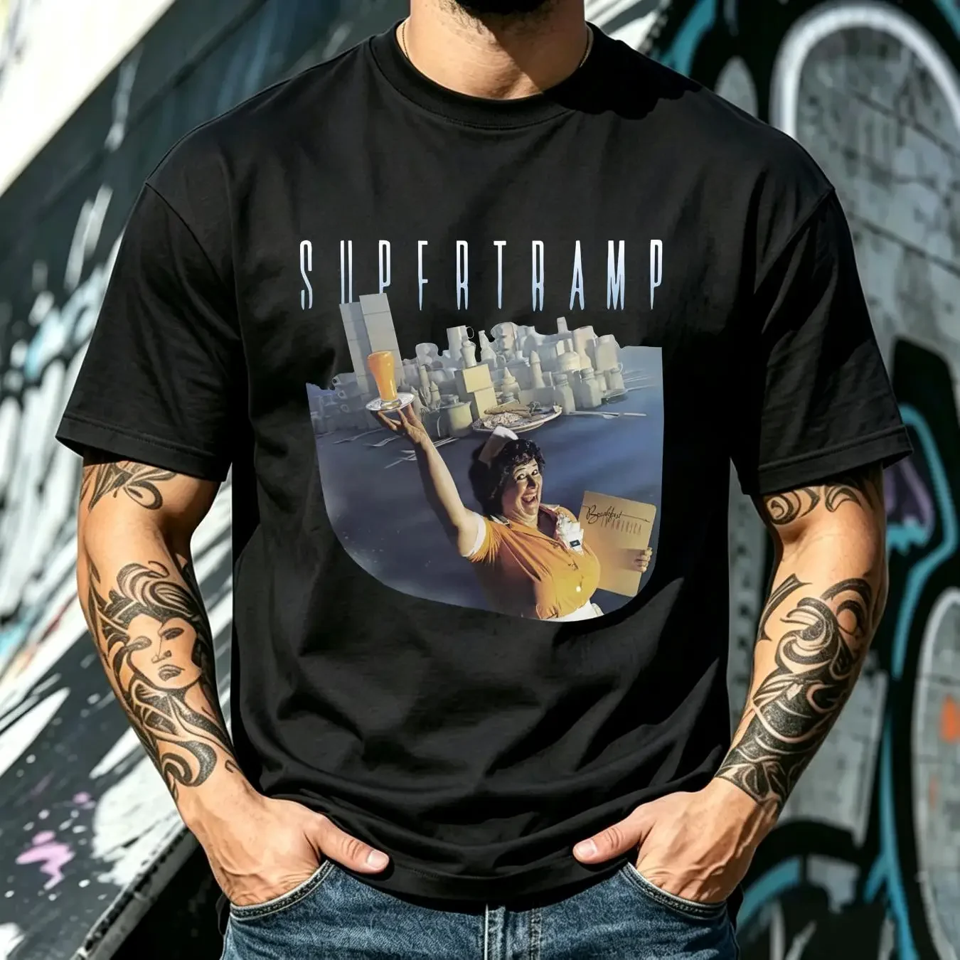 washed T Shirt Supertramp Breakfast in America Royal Blue All Sizes 1PT263 vintage Washed Slightly Breathable Soft homme Casual