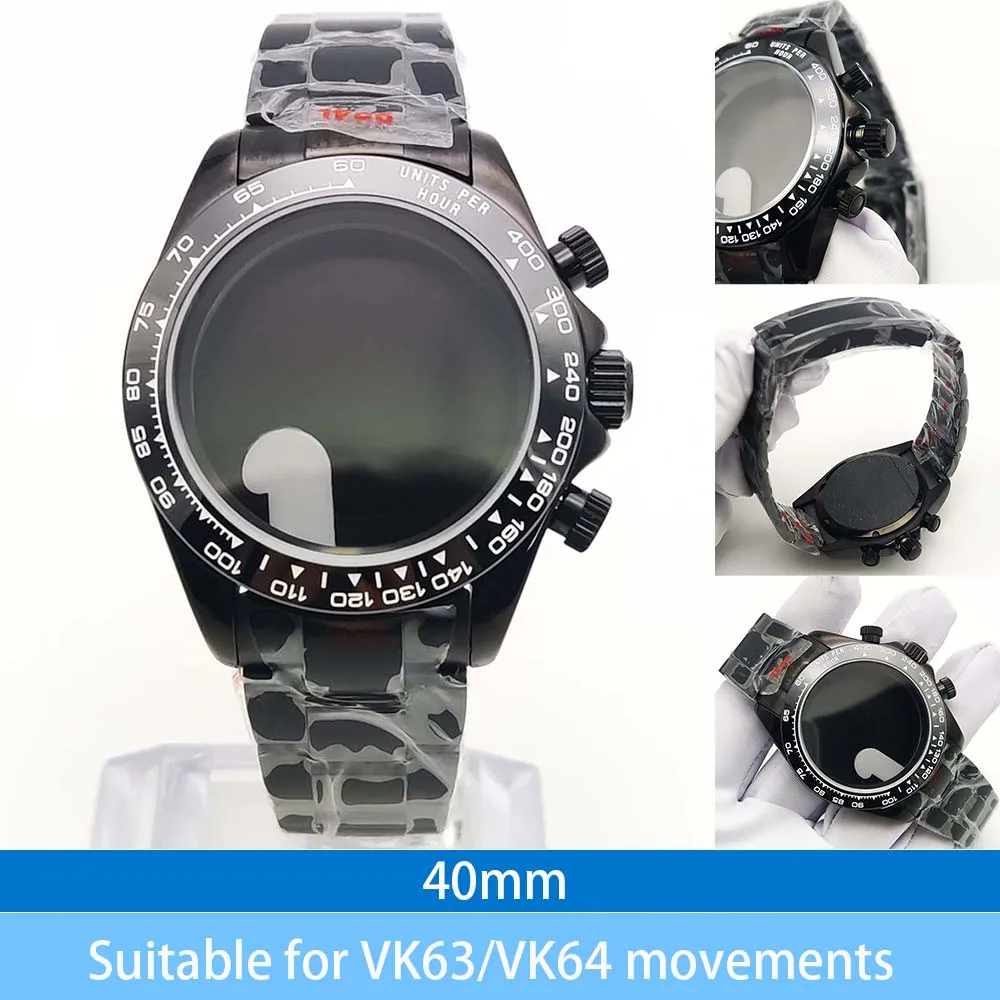

40mm black PVD stainless steel quartz case + strap, suitable for VK63/VK64 movements, sapphire glass
