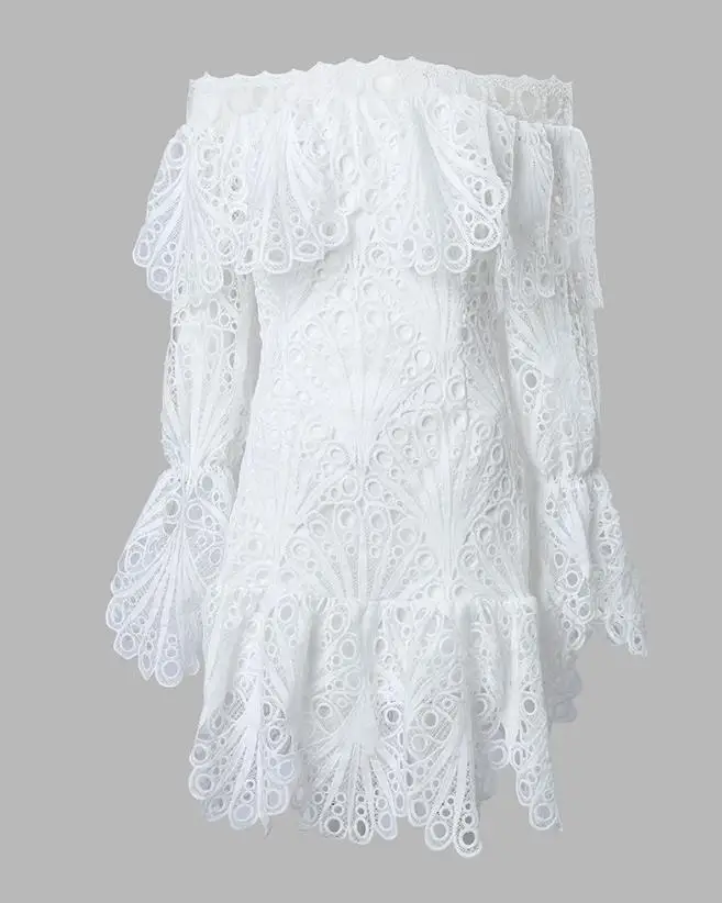 Elegant Dresses for Women Eyelet Embroidery Off Shoulder Ruffle Hem Party Mini Dress A Line New Fashion 2023 Summer Casual