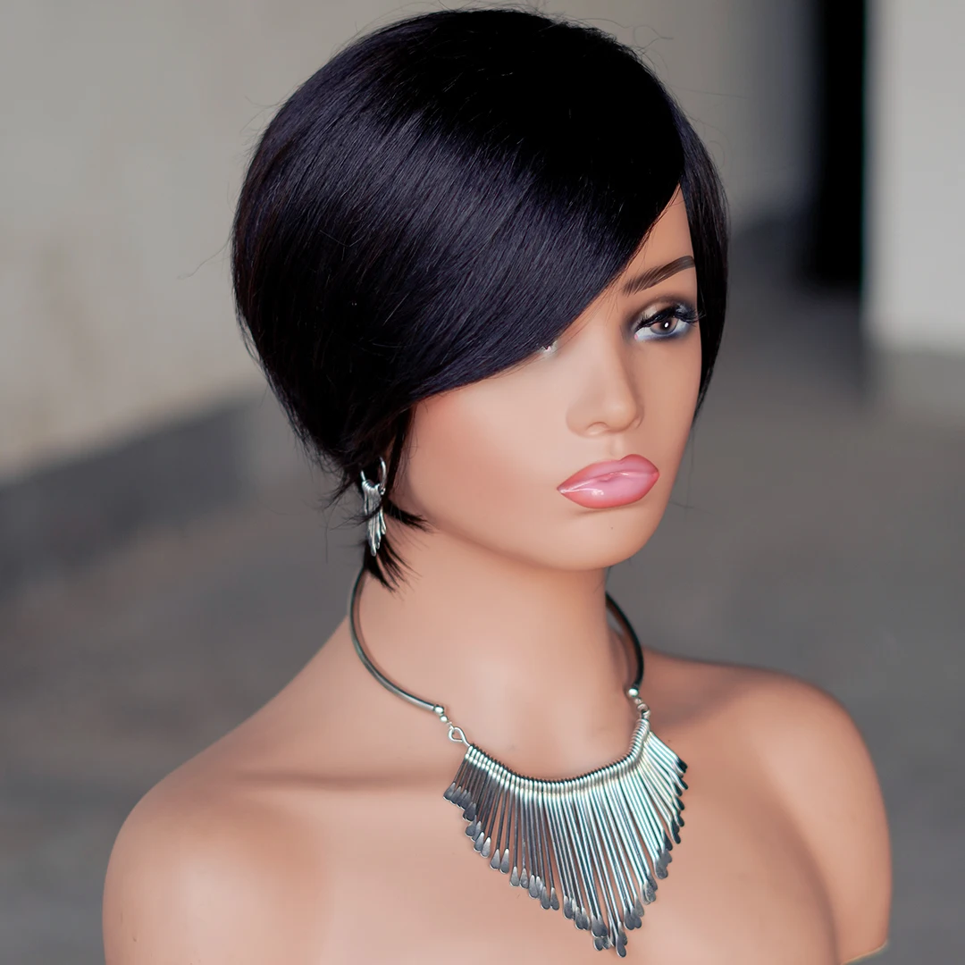 Fashion Short Human Hairs WIgs Full Machine Made of Black Color Remy  Brazilian hair Straight Bob Wigs For Women to Wear on Sale