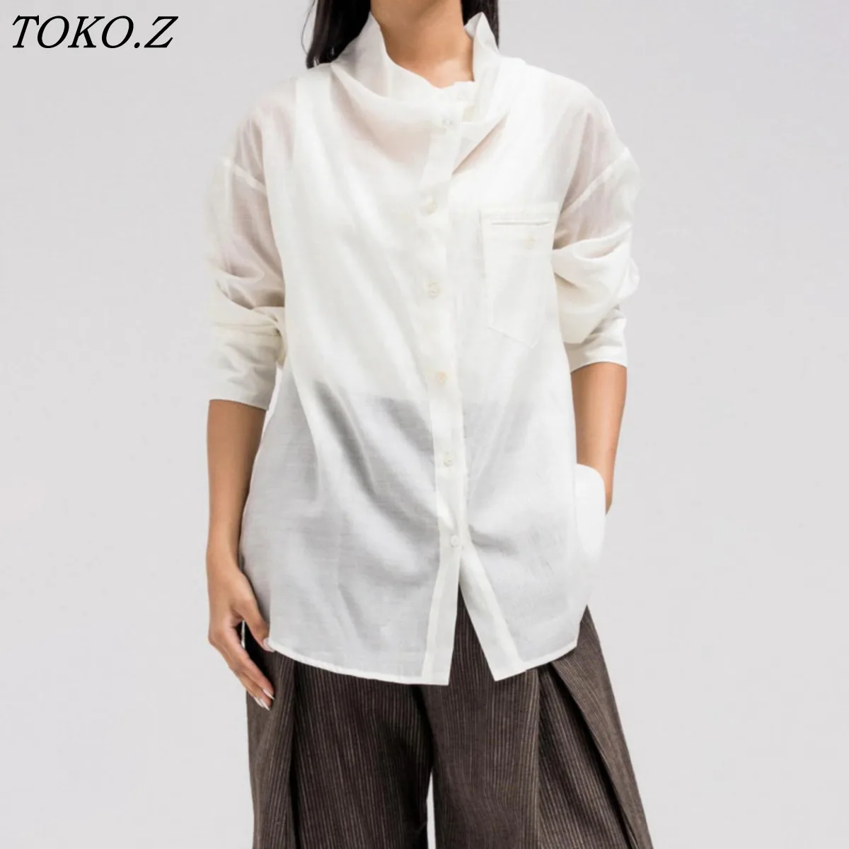 

TOKO 2026 New Women Sheer Linen Blouse Draped Cowl Neck Button Down Patch Pocket Cuffed Sleeve Curved Hem White Oversized Shirt
