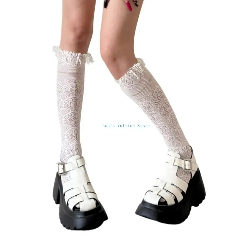 L5YB ยืดไนลอน กว่าลูกวัวถุงเท้ายาว Hollowout Jacquard ออกแบบสีทึบเข่าถุงเท้ายาวสำหรับสตรี