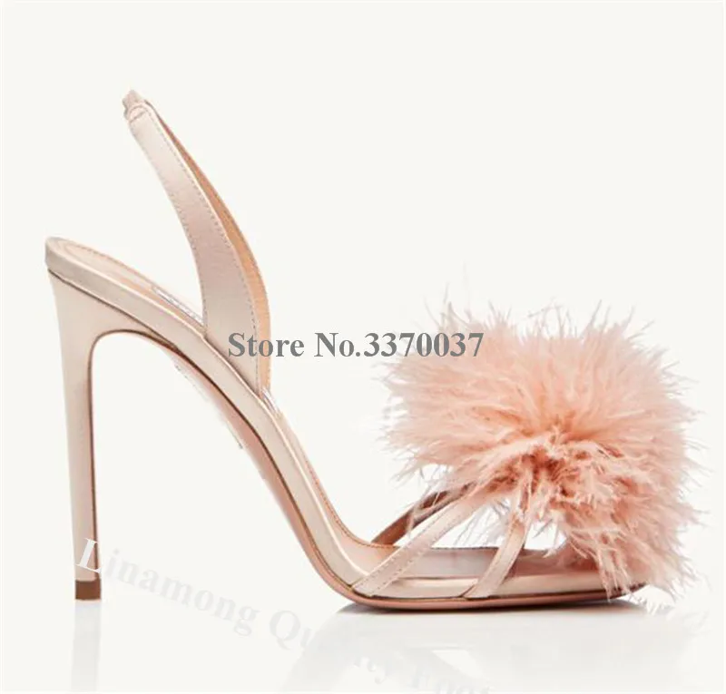 Pom Pom Big Fur Sandals Linamong Champagne Thin Straps Cross Stiletto Heel Feather Dress Shoes Wedding Heels