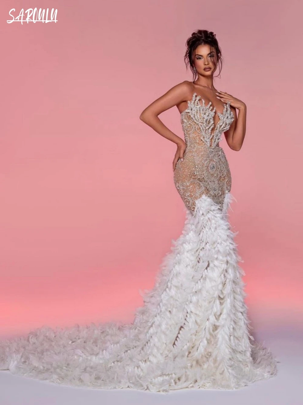 

Luxury Deep V-neck Evening Dress Crystals Beading Feathers Bride Robe Elegant Floor-length Bridal Dresses Vestidos De Novia