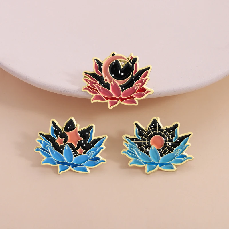 لوتس الهلال المينا دبابيس الأزهار السماوية ماجيك القمر الشمس ستار دبابيس التلبيب على ظهره شارة مجوهرات الأزياء هدايا للأصدقاء