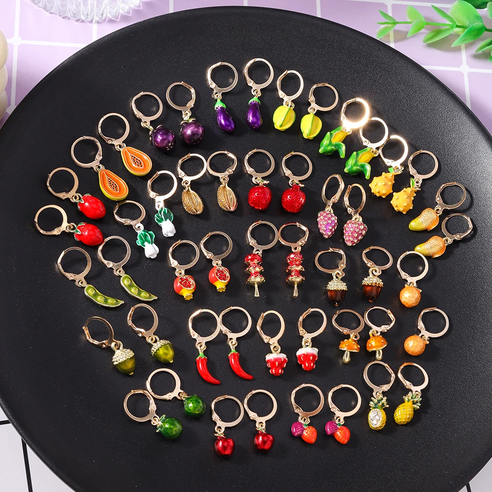 

Aihua Cute Vegetables Fruit Earrings Mini Apple Banana Lemon Grape Chilli Corn Charm Earrings Women Jewelry Gifts