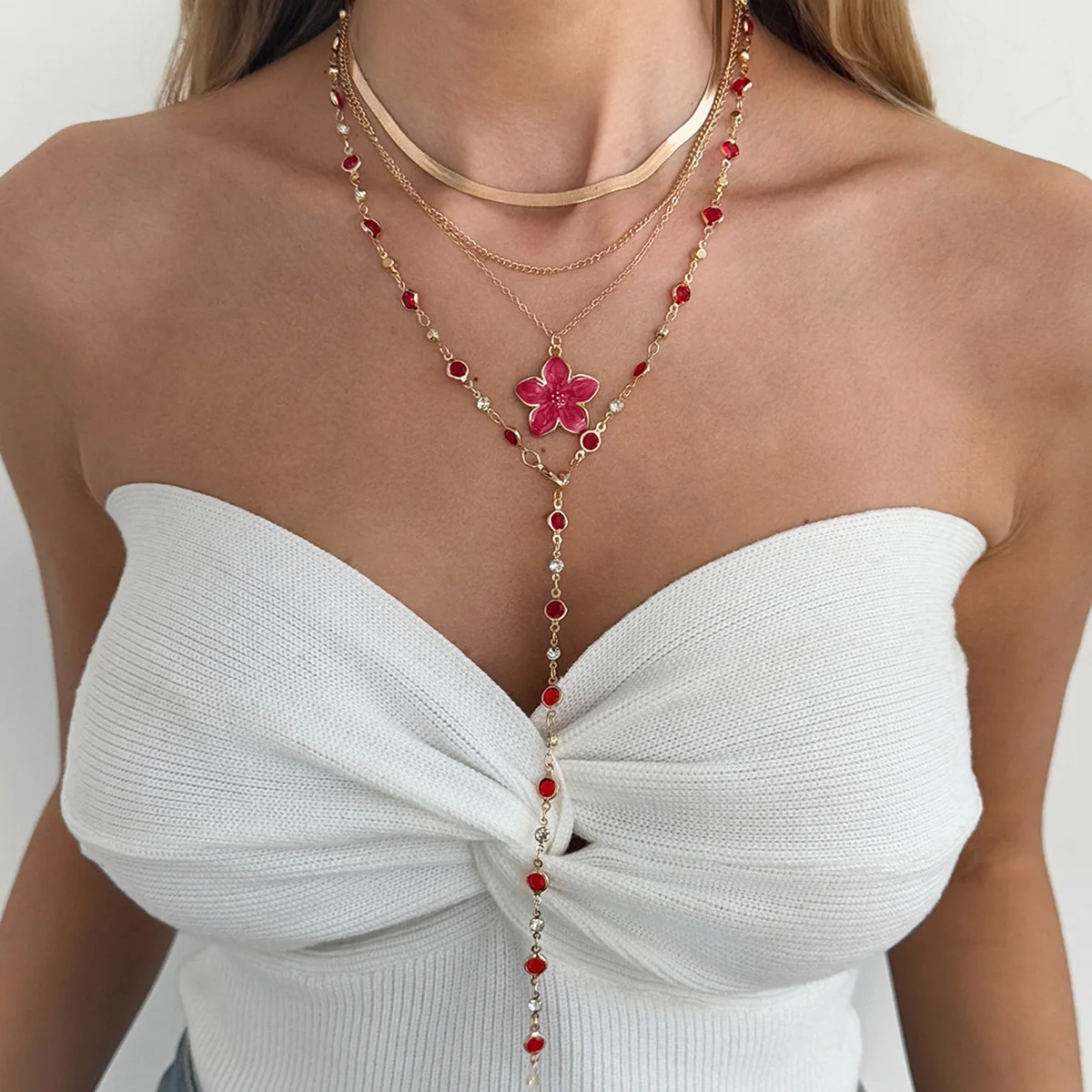 Premium Metal Enamel Flower Y Shape Tassel Necklace Colorful Crystal Beads for Women Resort Vacation Daily Wear Elegant