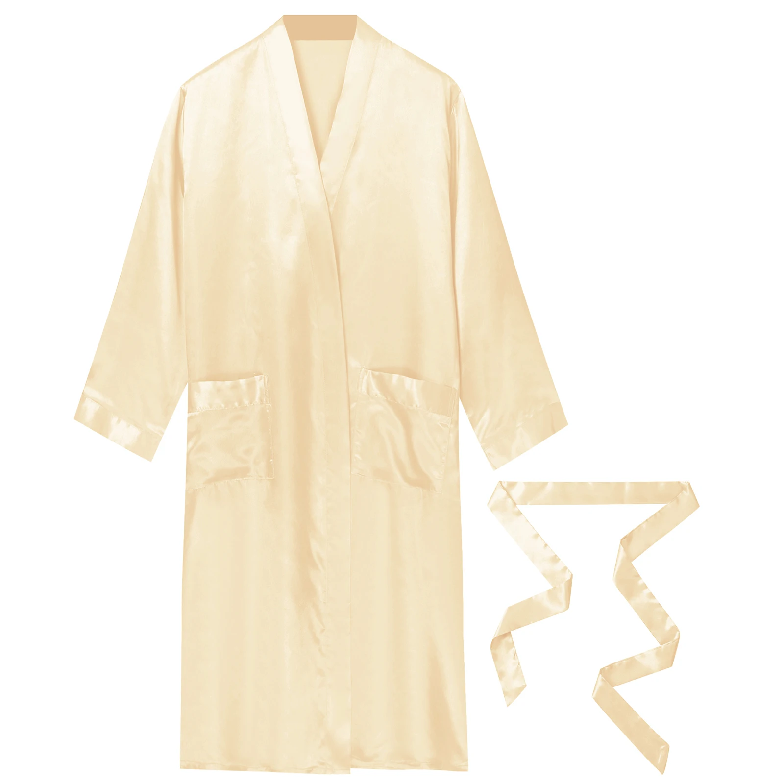 Silky Satiny Robes for Mens Long Sleeve Open Front Bathrobe with Waist Belt Side Pockets Kimono Mid Robe Sleepwear Homewear