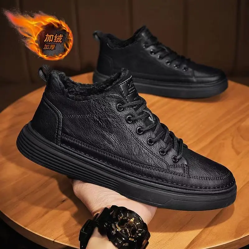 Winter men's shoes with plush chef's shoes men's Korean version versatile anti slip leather shoes casual thick warm cotton shoes