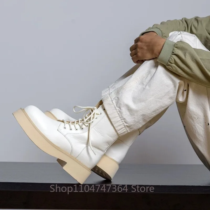 Autumn Winter Platform Boots Men's High Top Shoes Genuine Leather White Outdoor Sport Casual Work Ankle Chelsea Boots Male