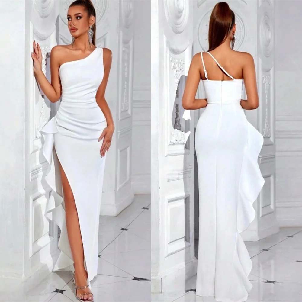 

Customized Modern White Jersey Temperament One Shoulder Mermaid Side Slit Ruched Zipper Back Customized Vestido De Festa