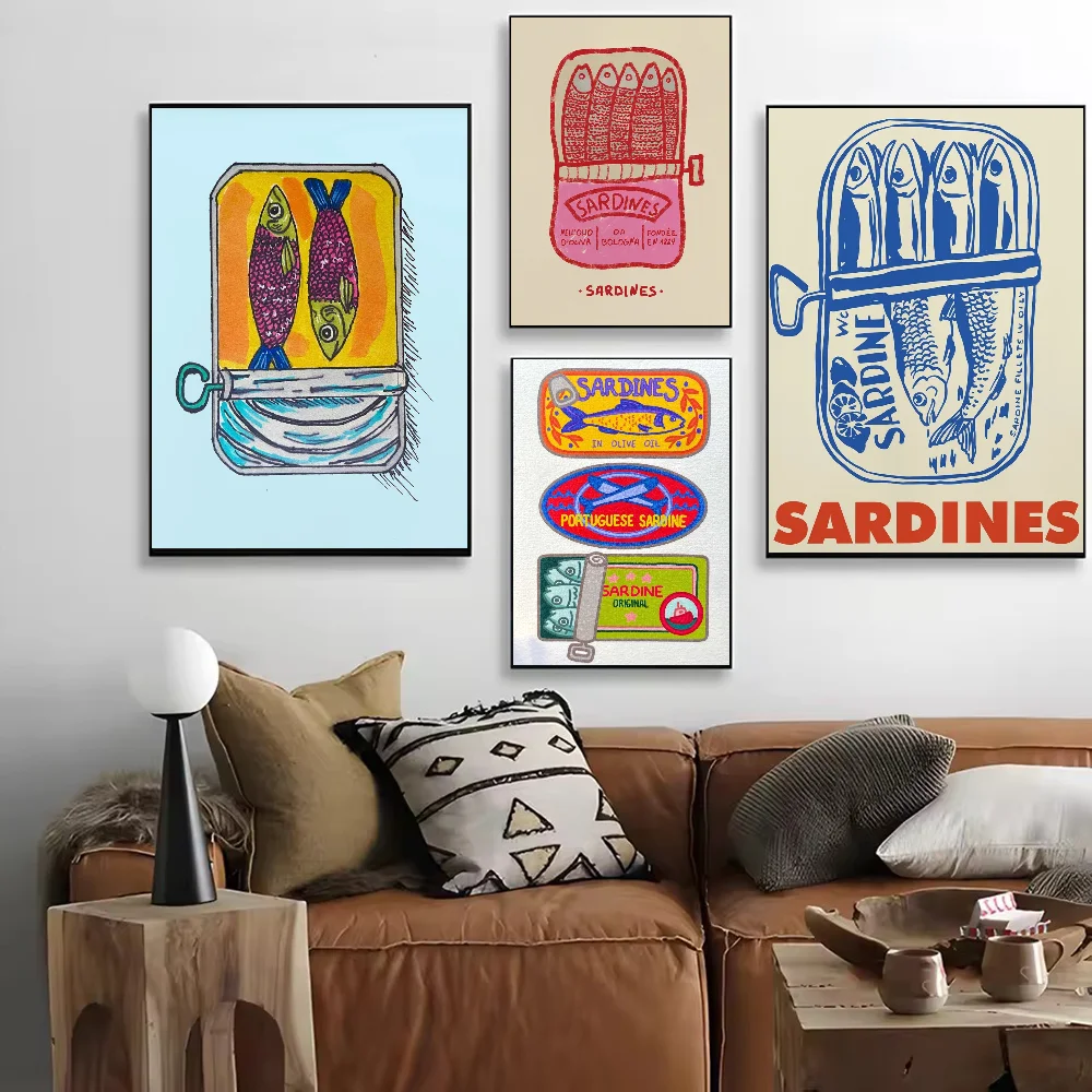 Póster colorido de sardina y pez, pintura decorativa con impresión impermeable para el hogar, sala de estar, pasillo, decoración estética, 1 ud.
