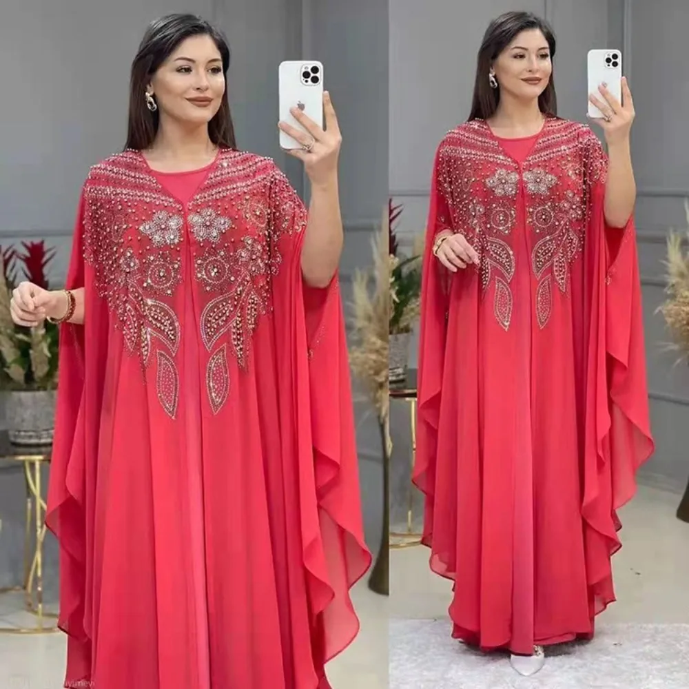 Spring Muslim Eid Women Elegant Diamond Evening Dress Party Batwing Sleeve Long Dresses Ramadan Abayas Caftan Kaftan Abaya