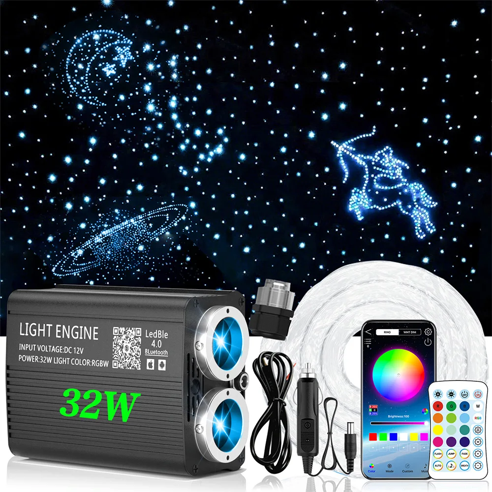 32W RGBW Glasfaser-Sternenhimmel-Beleuchtung für Auto, Bluetooth-App-gesteuertes Sternenlicht-Kit mit Musik-Sync-Modus & Fernbedienung, Funkelnder Effekt Auto-Innenraum-Ambientebeleuchtung, DC12V