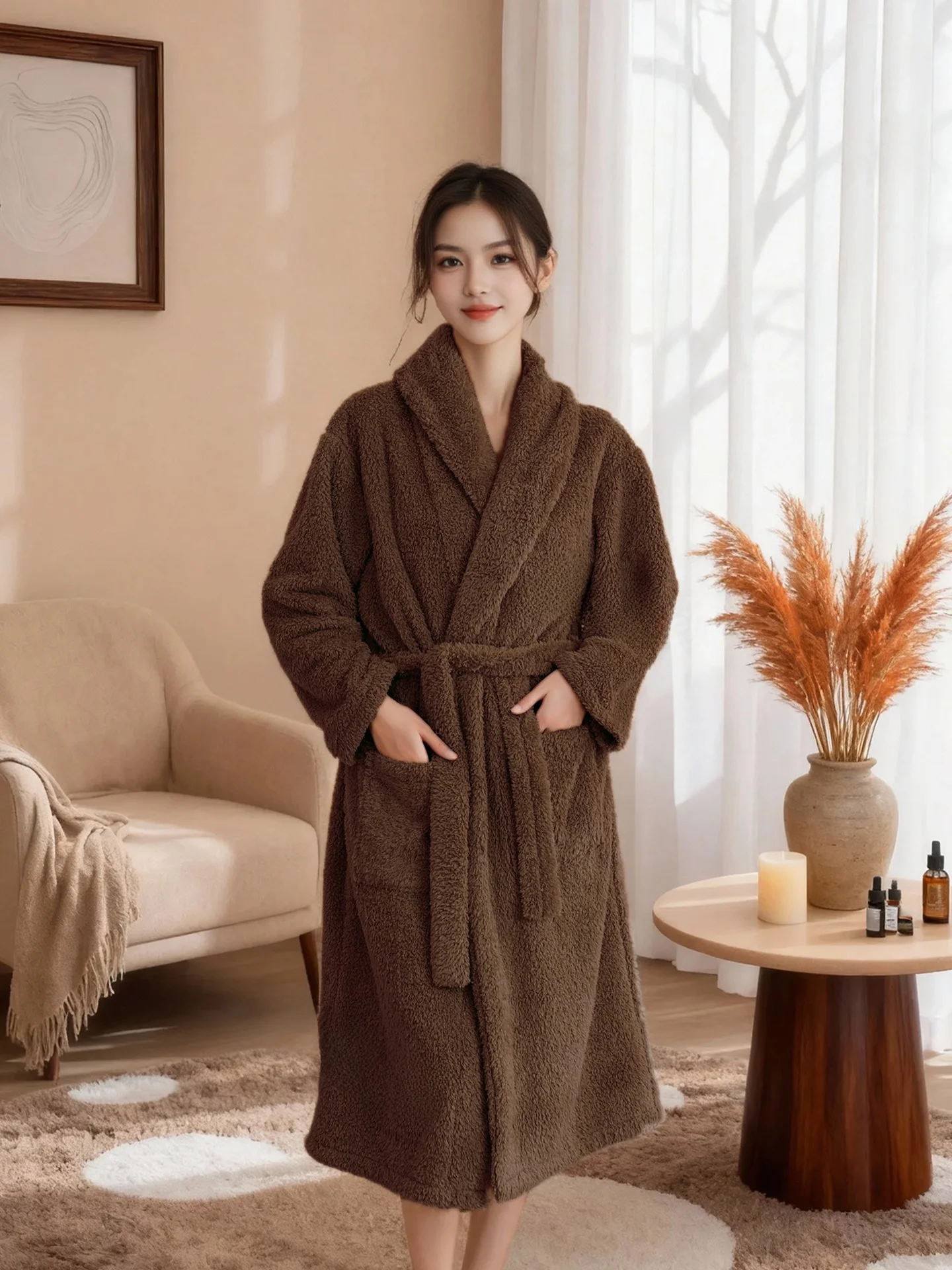 Bata de Baño Gruesa de Terciopelo de Doble Cara, Color Puro, para Salón de Belleza, Uso Doméstico, Ropa de Dormir para Mujer, Bata Larga de Otoño Invierno, Marca de Belleza