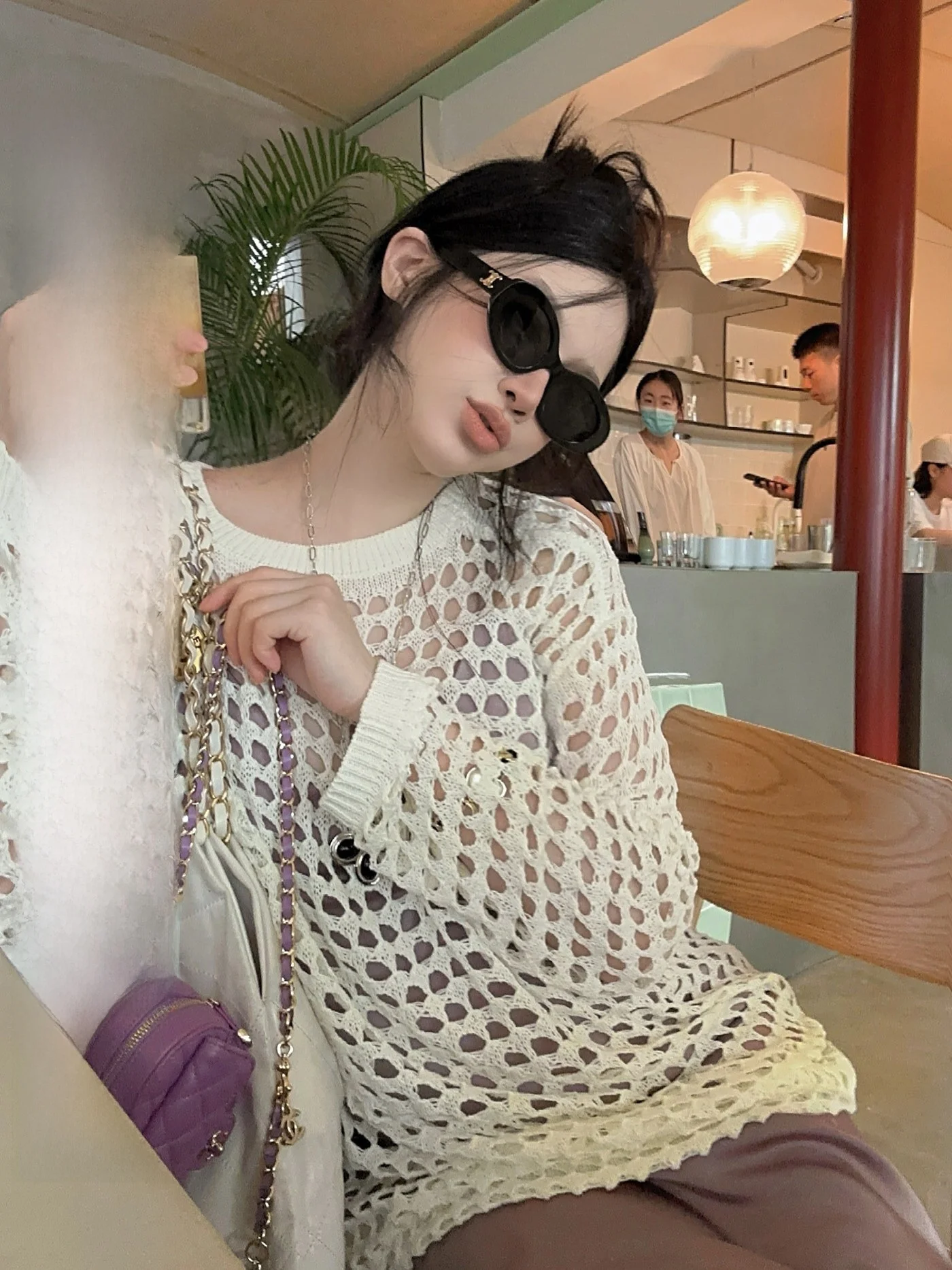 

IUIU Casual Hollow out Long Sve Women's T-irt Air Conditioning irt Summer Lazy Sun Protection Loose Fit round Ne