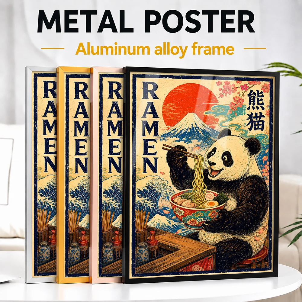 Panda Eating Ramen Metal Poster With Aluminum Alloy Frame Customized Vintage Style Wall Art For Breakfast Nook And Dining Room