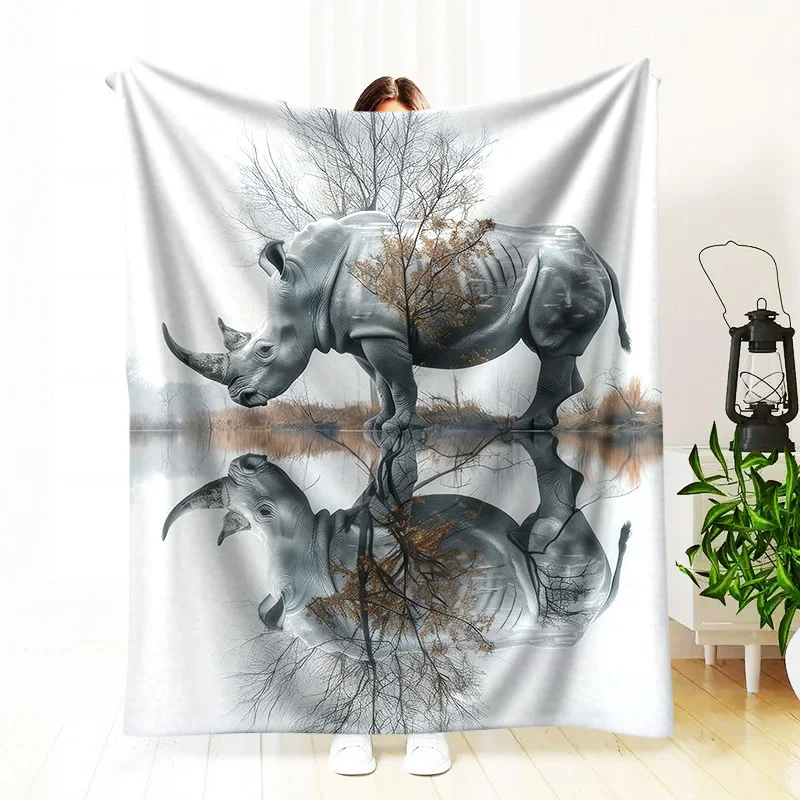 1pc 2025 New Retro Blanket with Li Bai Poetic Rhinoceros Print - Warm Soft and Comfortable for Sofa Bed Car Office Camping