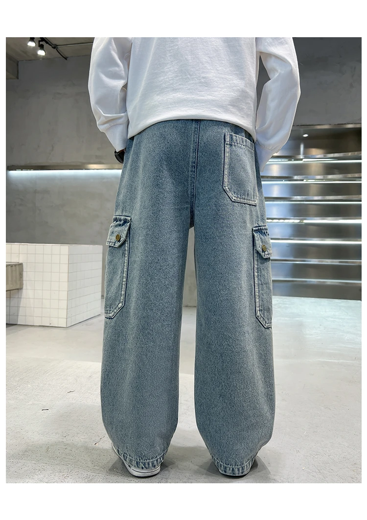 Neue lässige Kinder-Cargo-Jeans mit geradem Bein und Taschen für Teenager-Jungen, modische Street-Denim-Hosen, elegante Hosen für Kinder. – Detail 8