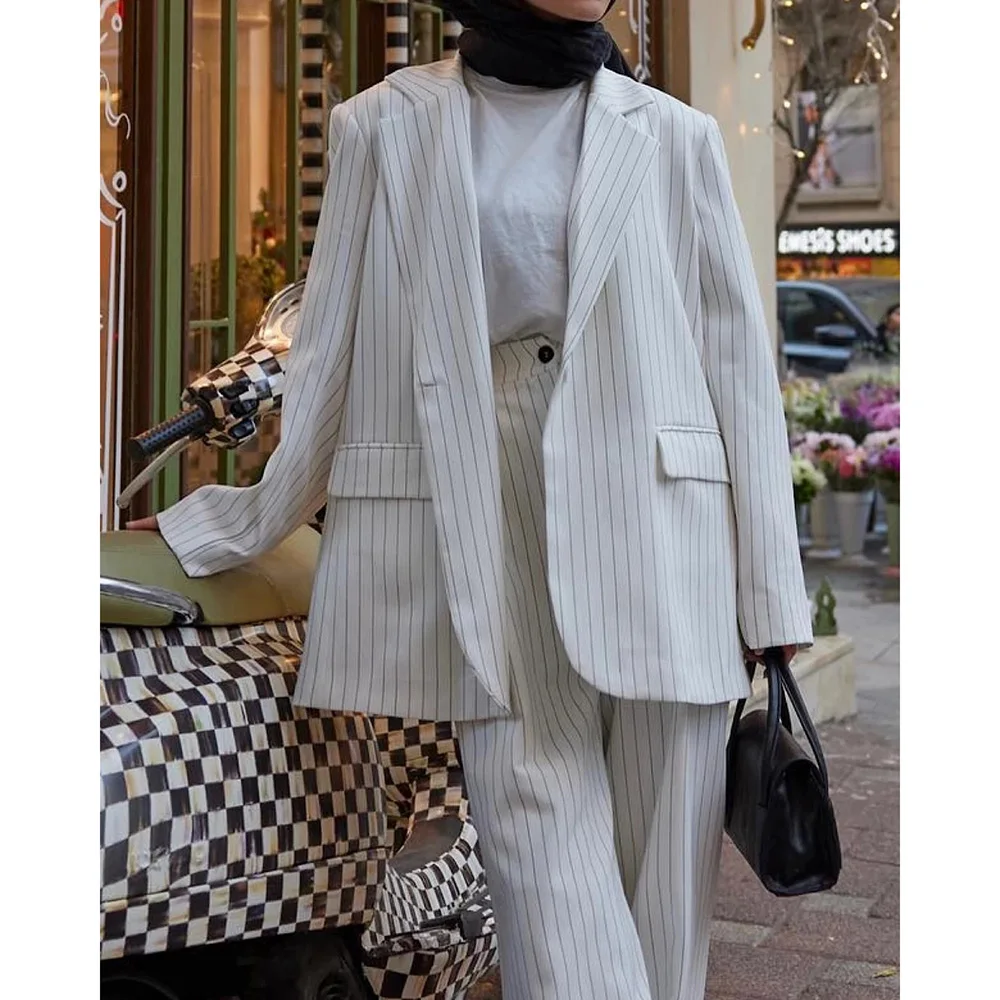 

Formal Single Breasted Peak Pinstripe Women Suits Loose Business Office Lady Outfits Tailor Made 2 Piece Jacket Pants Set 2024