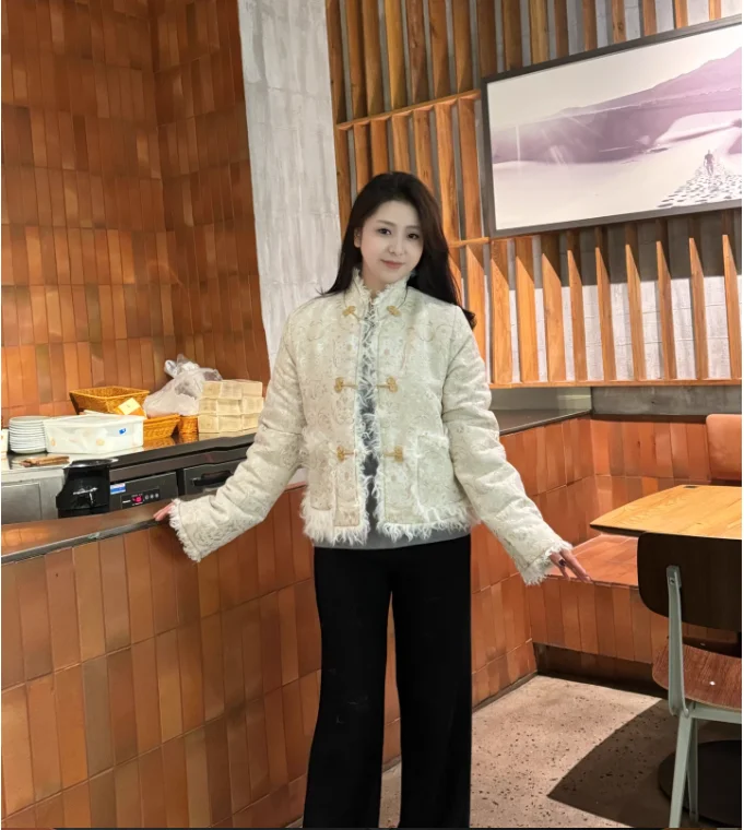 Veste courte d'hiver chinoise en coton pour femmes, avec fourrure et bordure, veste de Style tibétain