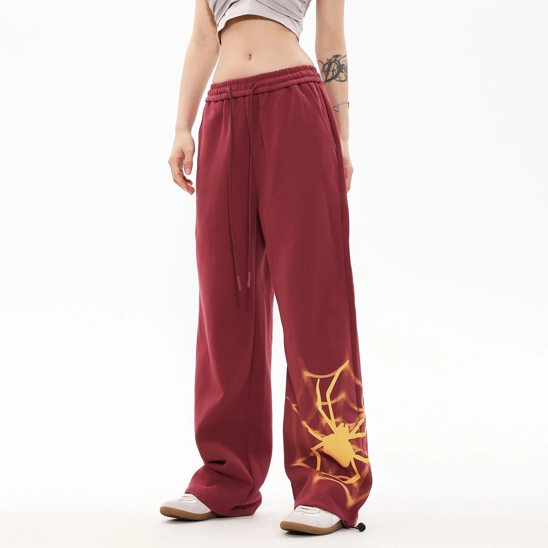OR FL Women's American Retro Spider Print Slacks Leisure Sweatpants Trendy Brand Street Hip Hop Wide Leg Baggy Trousers Pants