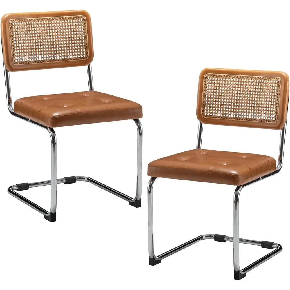 

Mid-Century Modern Rattan Back Dining Chairs Set of 2 with Oak Legs and Upholstered Seats