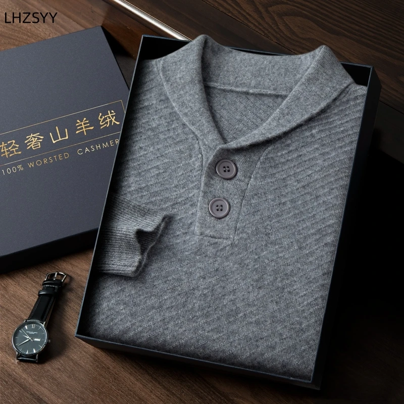 LHZSYY 100%Pure Cashmere Sweater Men\'s Lapel Long Sleeve Pullovers Young Loose Button Tops High-End Business Casual Knit Shirt