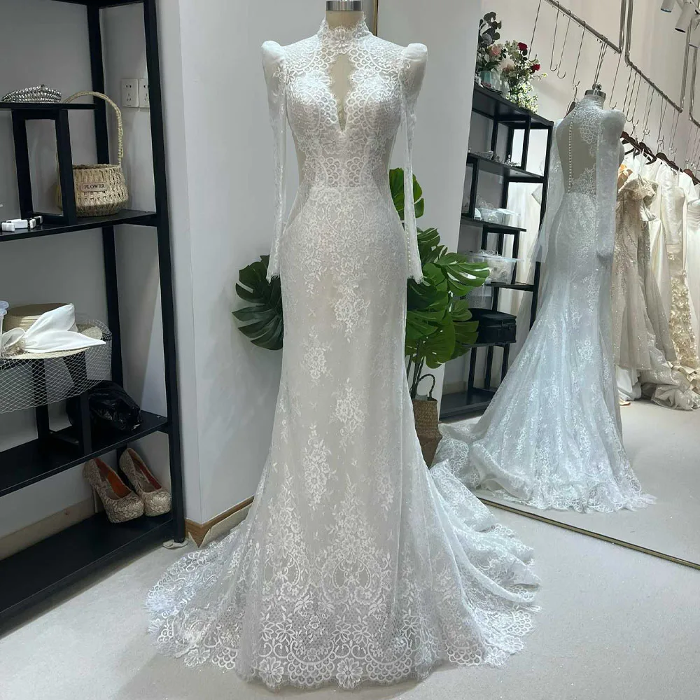 Women's Long Sleeve Turtle Wedding Dress 2026 Embroidery Mermaid Bridal Gown Customized Elegant Wedding Dress
