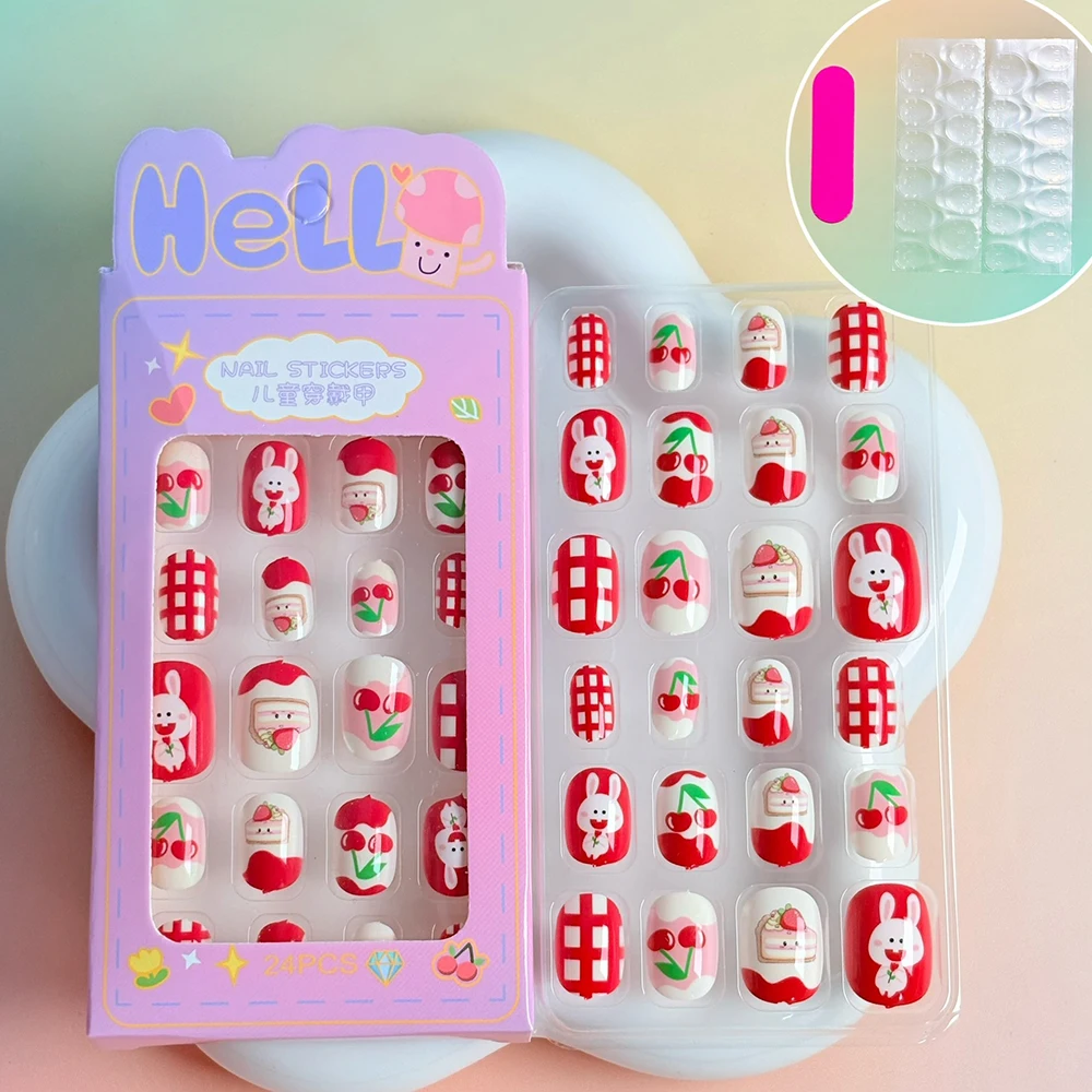 24Pcs/Box Lovely Red Cherry Strawberry Plaid Children Fake Nails Cartoon Bear Kid's Press On Nail for Girl Wearable False Nails