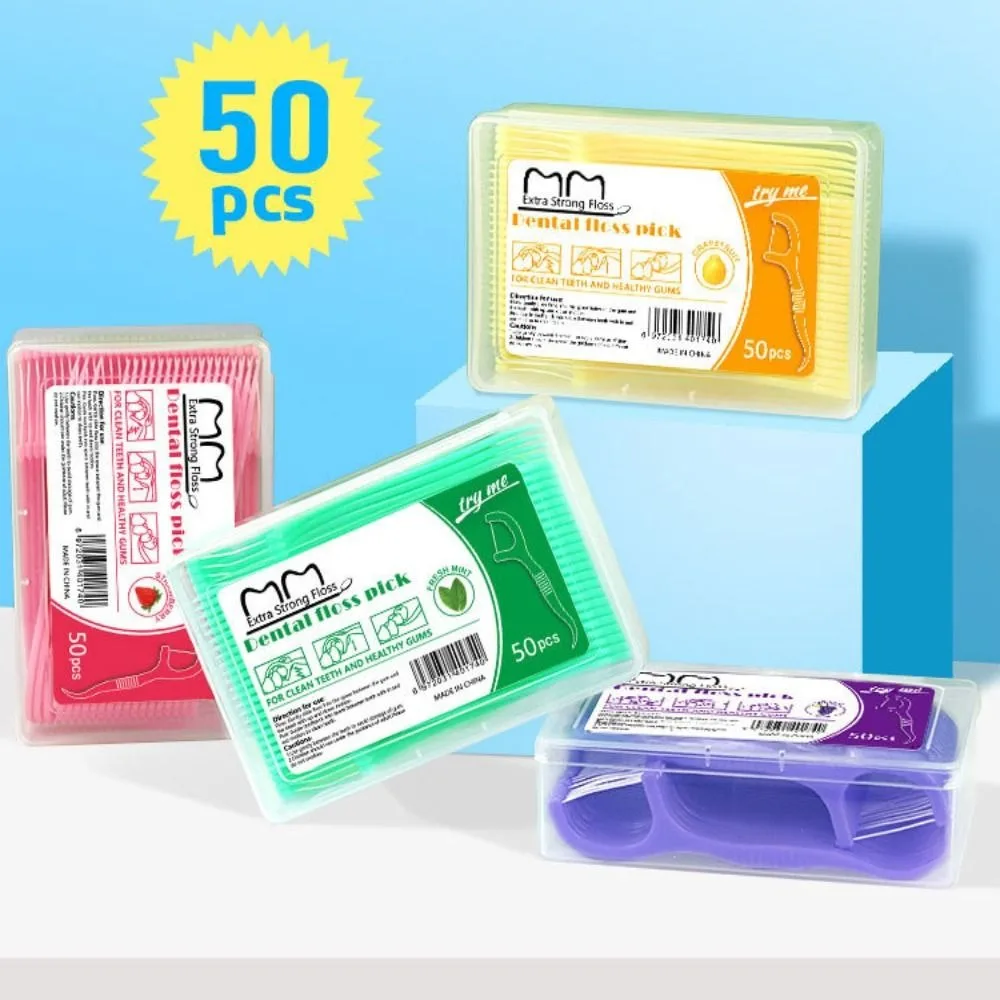 50 Sticks/Box Dental Floss Stick Portable Disposable Fruit Flavored Floss 4 Flavors Gap Cleaning Teeth Cleaning Tool Oral Care